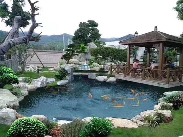 沧州别墅庭院水池假山景观全景